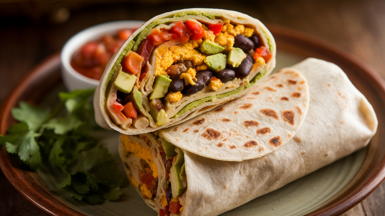 Close-up of a vegan breakfast burrito sliced in half, showcasing its colorful filling of tofu scramble, black beans, avocado, and salsa, placed on a rustic plate with a side of fresh salsa.
