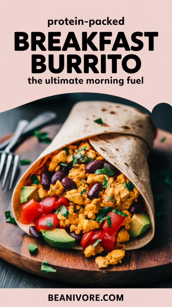 A vibrant vegan breakfast burrito filled with tofu scramble, black beans, avocado, and salsa, with the text 'Protein-Packed Breakfast Burrito: The Ultimate Morning Fuel' displayed on the image