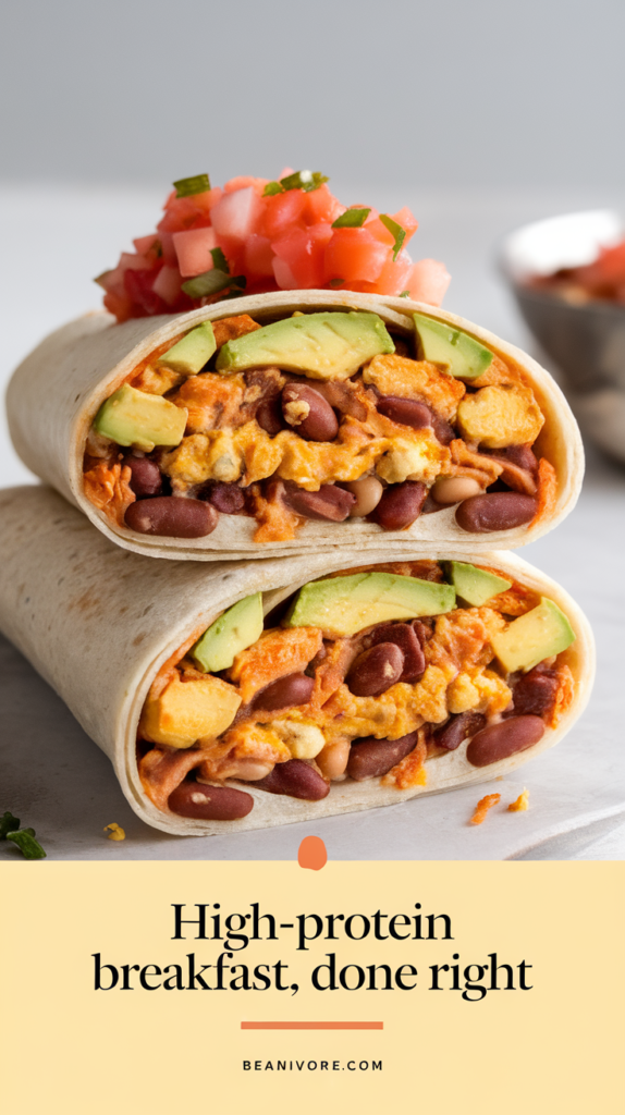 A vibrant vegan breakfast burrito filled with tofu scramble, black beans, avocado, and salsa, with the text 'Protein-Packed Breakfast Burrito: The Ultimate Morning Fuel' displayed on the image