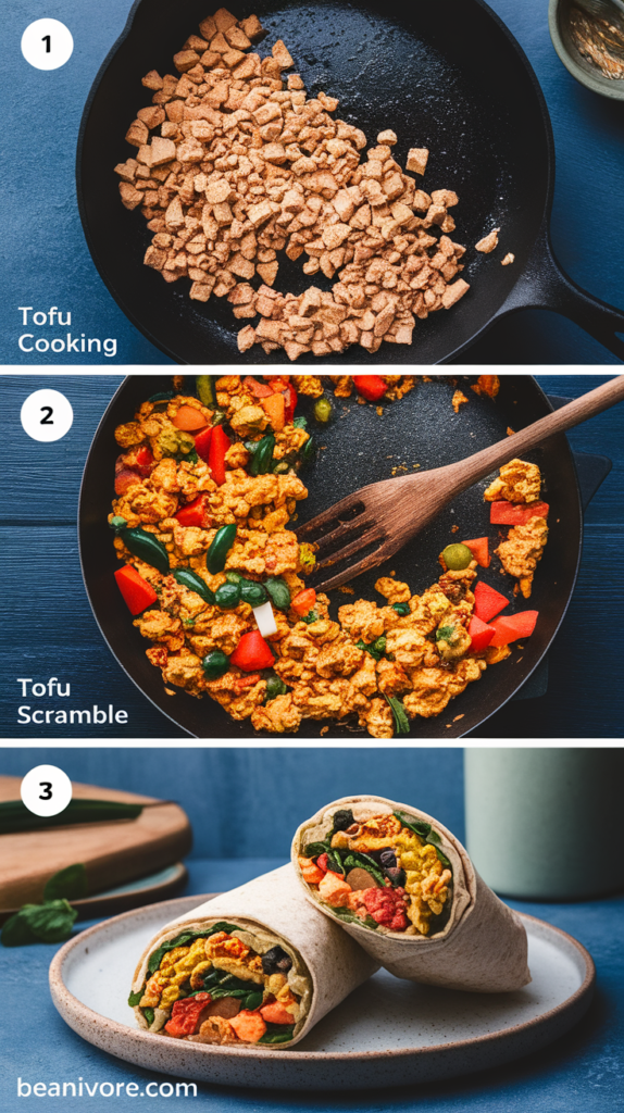 A three-panel pin showing the steps to make a vegan breakfast burrito: tofu scramble in a skillet, veggies mixed into the tofu, and the final burrito sliced in half.