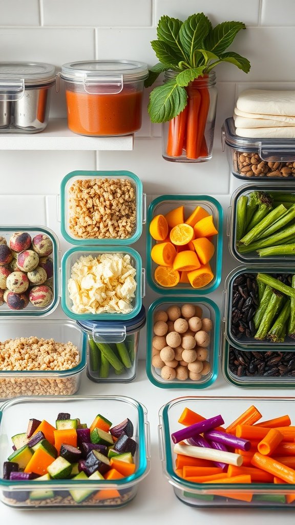 An organized display of prepped vegan meal ingredients in glass containers, including grains, vegetables, and sauces.