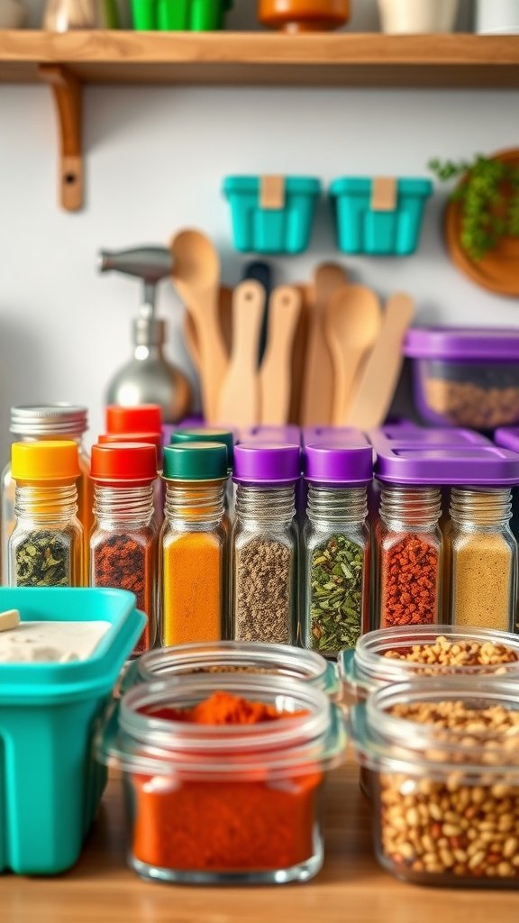 A close-up view of organized jars filled with various spices, showcasing a colorful array of flavors perfect for meal prep.