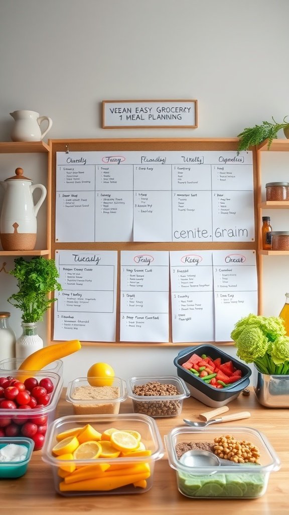 A meal planning station with a whiteboard schedule and containers filled with fresh fruits and vegetables.