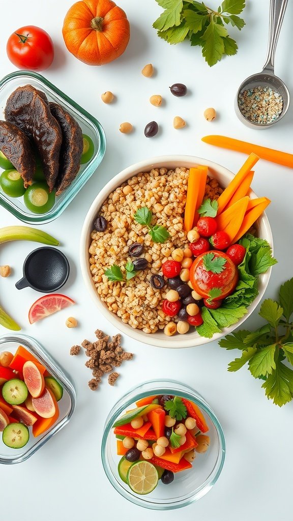 A vibrant display of mix-and-match grain bowl ingredients, featuring grains, veggies, and beans, showcasing healthy meal prep ideas.