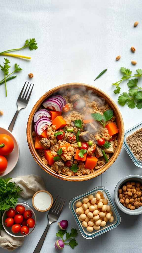 A colorful one-pot vegan dish featuring vegetables, grains, and legumes, with fresh ingredients surrounding it.