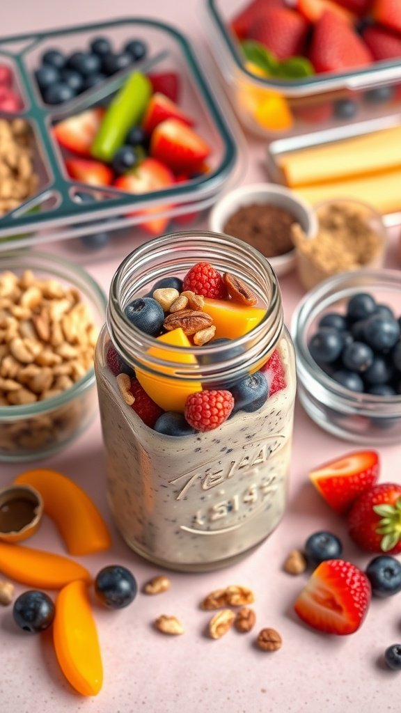 A jar of overnight oats with fresh berries and fruits, surrounded by various ingredients for meal prep.