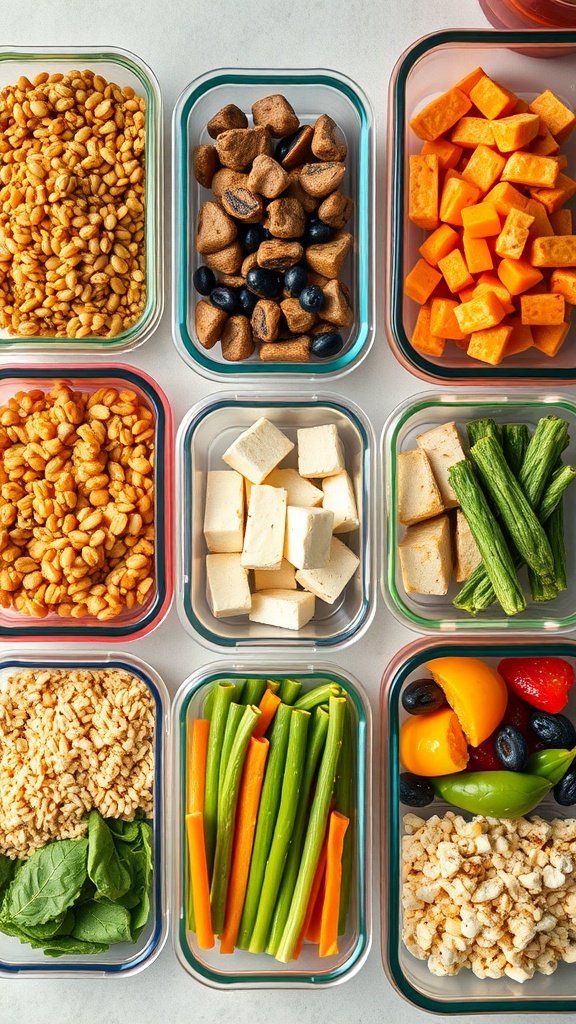 An organized display of various plant-based protein sources in glass containers, including grains, tofu, vegetables, and beans, ideal for meal prep.