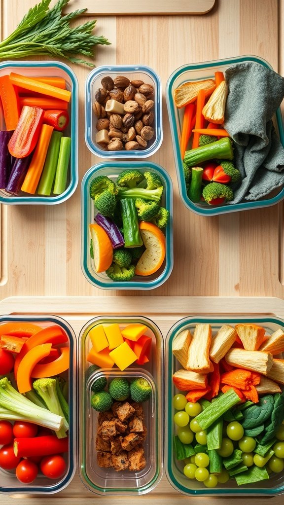A variety of prepped vegetables in clear containers, including carrots, celery, bell peppers, broccoli, and more, alongside a small container of nuts.