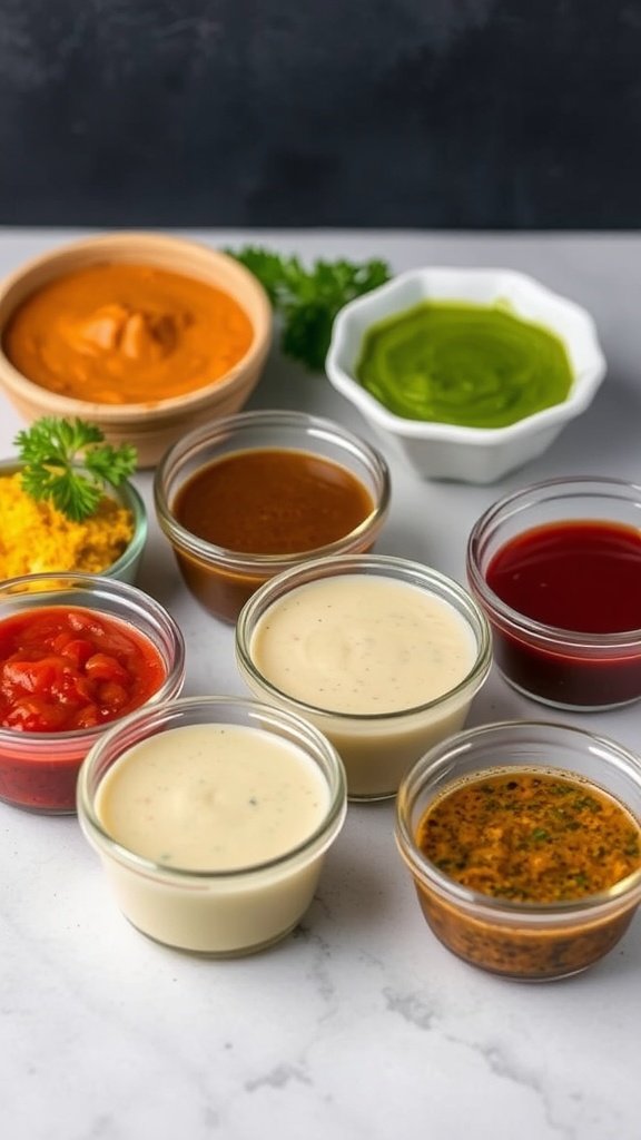 A variety of colorful sauces and dressings in small bowls, arranged neatly with fresh vegetables nearby.