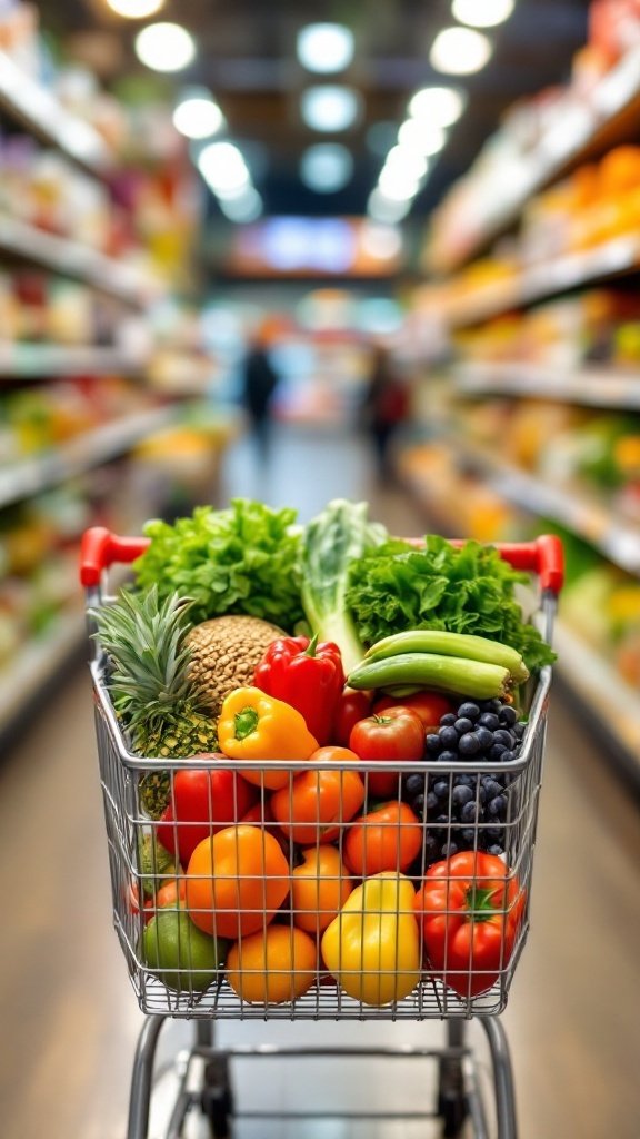 A shopping cart filled with fresh vegetables and ingredients in a grocery store aisle labeled 'VEGANS'.