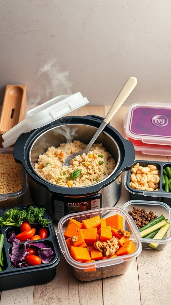 A rice cooker with steaming quinoa and various colorful veggies in meal prep containers, showcasing easy vegan meal prep.