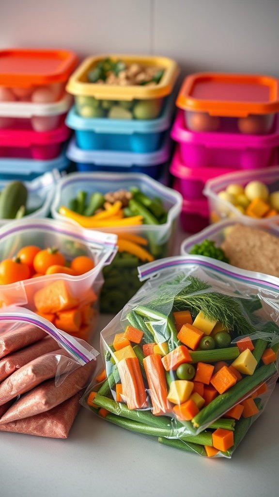 A colorful display of frozen vegetables in clear bags and containers, showcasing an organized meal prep setup.