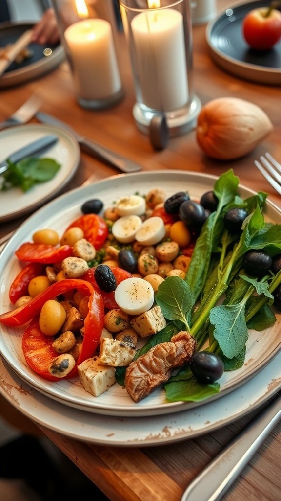 Colorful spread of vegan meal prep ingredients including fresh vegetables, grains, and snacks.