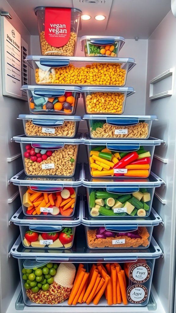 Organized vegan meal prep in a freezer with containers of fruits, vegetables, and snacks.