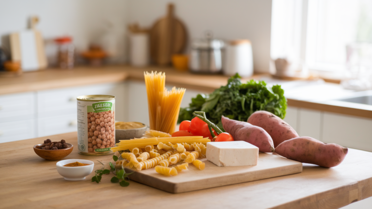 A wooden kitchen counter with easy vegan ingredients like canned chickpeas, pasta, sweet potatoes, fresh vegetables, and spices, bathed in soft natural light.