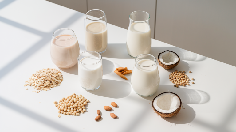 Flat lay of oat, almond, soy, and coconut milk in glasses, surrounded by their ingredients, set on a clean, white kitchen surface with natural light.