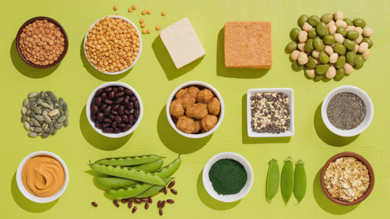 flat-lay image featuring 15 plant-based protein sources including lentils, chickpeas, tofu, tempeh, seitan, black beans, edamame, quinoa, seeds, peanut butter, green peas, spirulina, and nutritional yeast, arranged on a bright background