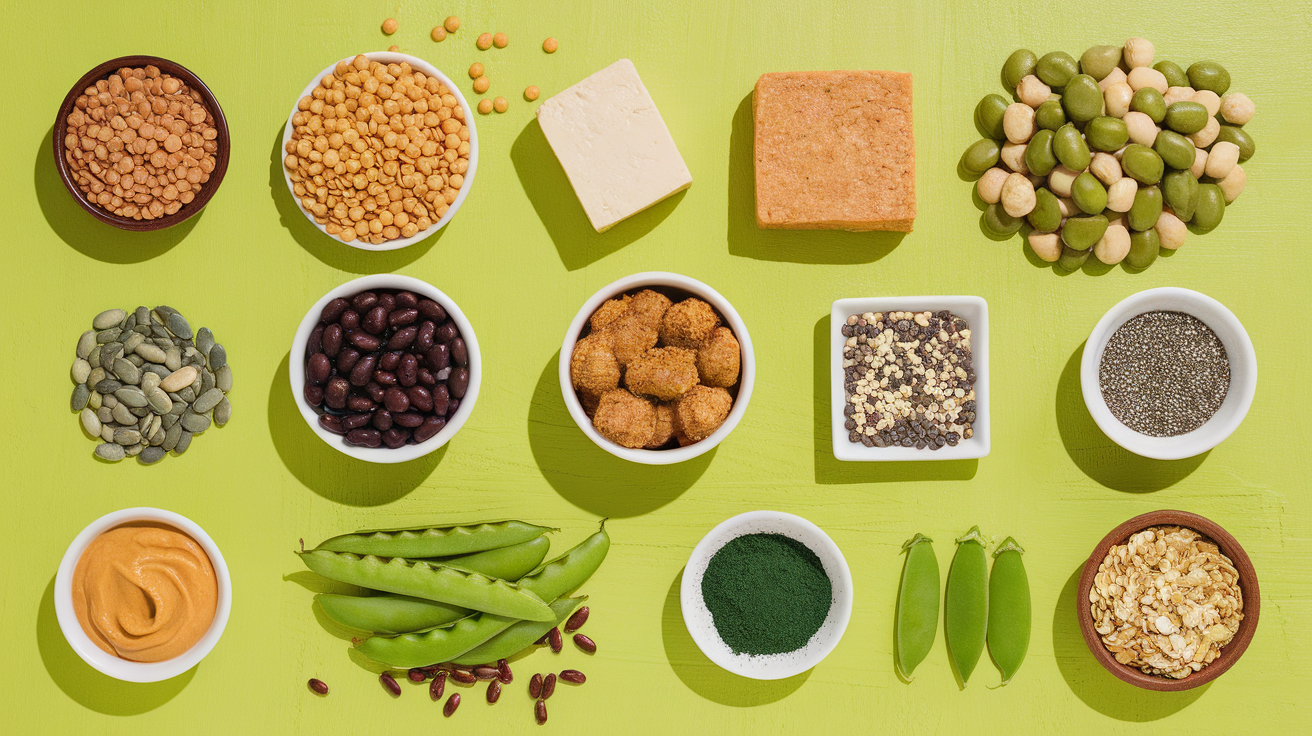 flat-lay image featuring 15 plant-based protein sources including lentils, chickpeas, tofu, tempeh, seitan, black beans, edamame, quinoa, seeds, peanut butter, green peas, spirulina, and nutritional yeast, arranged on a bright background