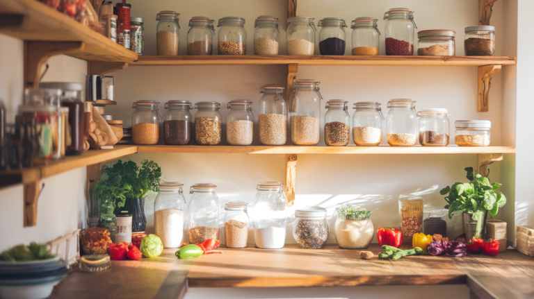 A bright vegan pantry with rustic shelves, neatly organized glass jars of grains, legumes, nuts, seeds, and spices, with fresh vegetables adding color and warmth.