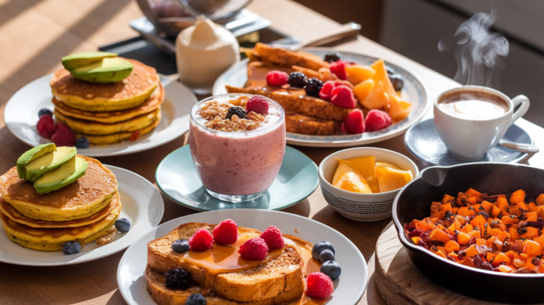 A beautifully arranged vegan breakfast spread featuring chickpea flour pancakes with avocado, a smoothie bowl with fresh fruit and granola, vegan French toast with maple syrup and berries, and a skillet of spiced sweet potato hash, set on a wooden table with a cozy morning atmosphere.