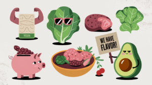 playful flat-lay illustration showing humorous representations of common vegan myths, including flexing tofu, a lettuce with sunglasses, and an avocado with a protest sign, symbolizing the misconceptions around plant-based diets