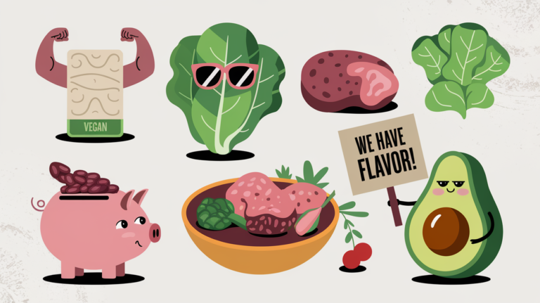 playful flat-lay illustration showing humorous representations of common vegan myths, including flexing tofu, a lettuce with sunglasses, and an avocado with a protest sign, symbolizing the misconceptions around plant-based diets