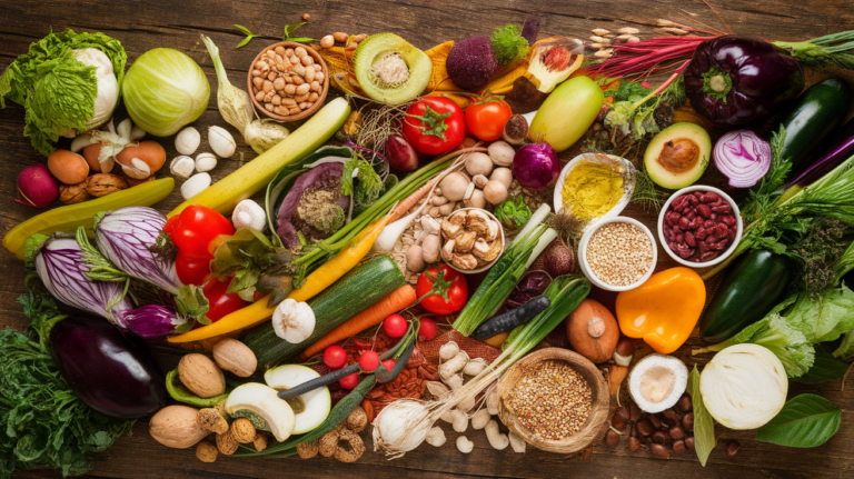 A beautifully arranged flat lay of fresh vegetables, legumes, nuts, seeds, and grains on a rustic wooden surface, highlighting the abundance and diversity of plant-based eating.