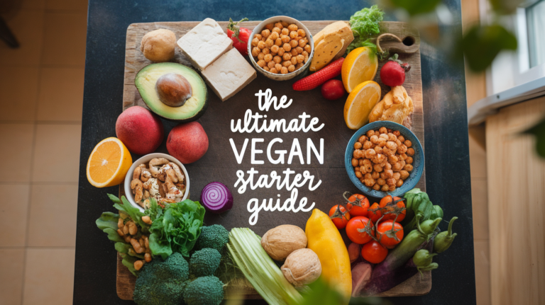 Flat lay image showing essential vegan foods like vegetables, grains, and legumes, perfect for a beginner’s guide to plant-based eating.