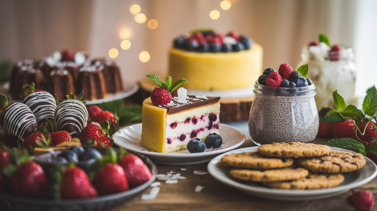 An assortment of vegan desserts, including chocolate-dipped strawberries, lemon blueberry cake, chia seed pudding with berries, and banana oatmeal cookies, beautifully arranged on a rustic wooden table with garnishes of chocolate drizzle, coconut flakes, and fresh mint.