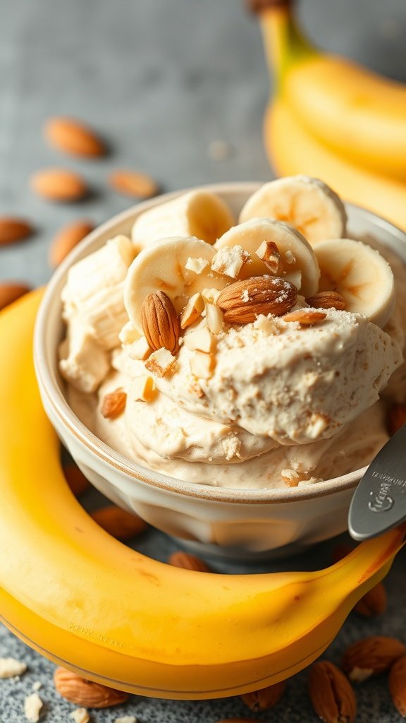 A bowl of creamy almond butter banana nice cream topped with banana slices and almonds.