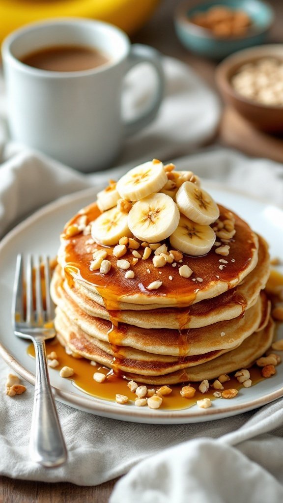 A plate of banana oat pancakes with a soft yellow filling, alongside some baked goods and a bowl of sauce.