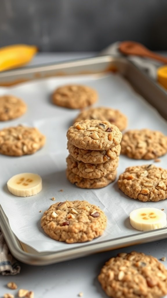 A tray of freshly baked banana oatmeal cookies with sliced bananas.