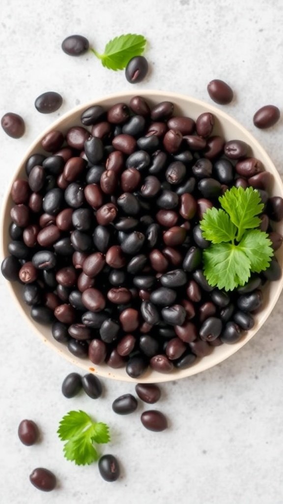 A bowl filled with black beans, surrounded by scattered black beans and fresh cilantro leaves.