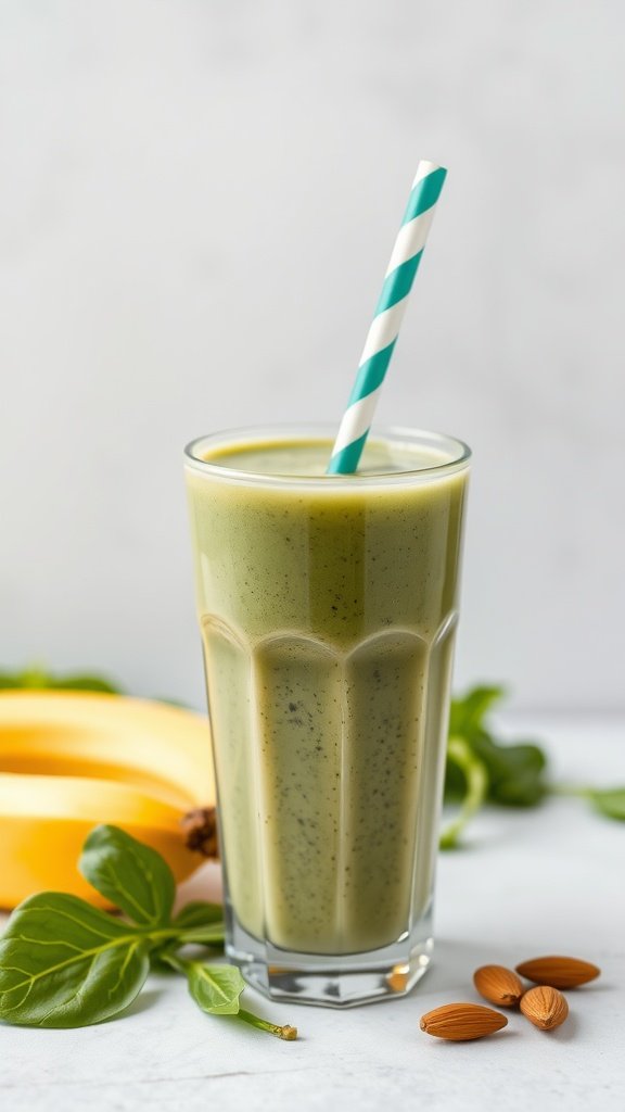 A refreshing breakfast smoothie made with spinach and banana, topped with a striped straw, surrounded by almonds and bananas.
