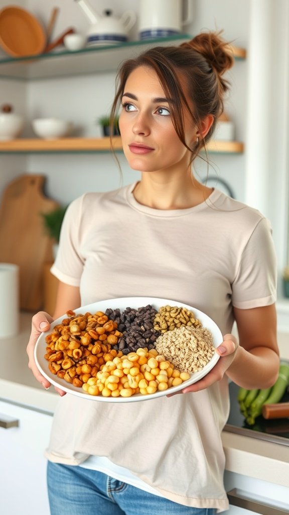 A person holding a plate filled with various protein-rich foods, including legumes, nuts, and seeds, looking contemplative in a kitchen setting.