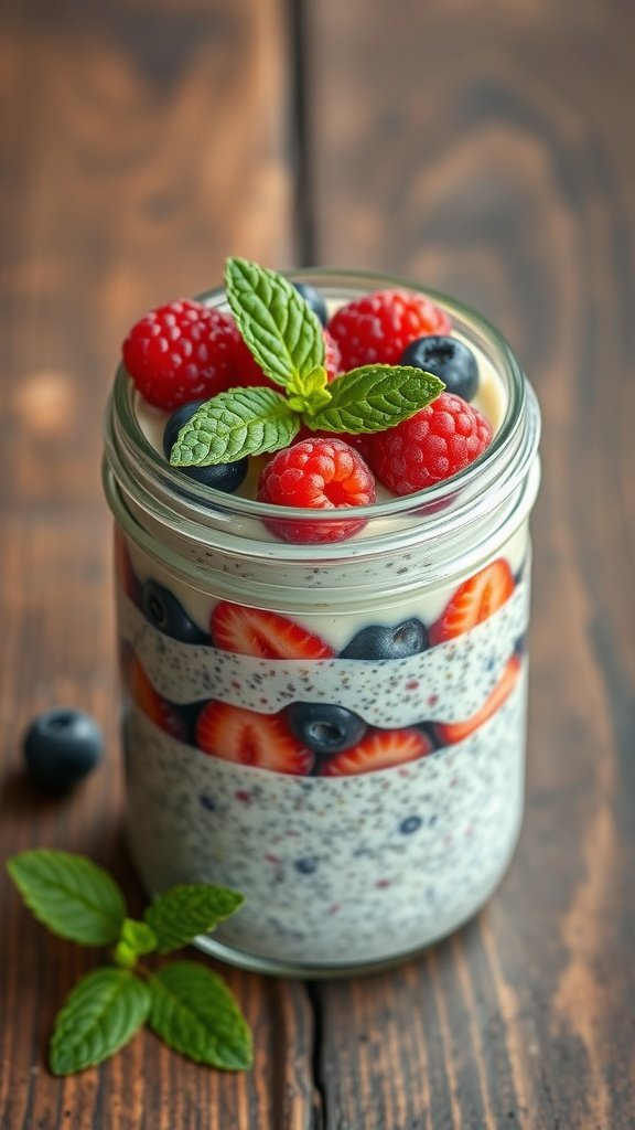 Chia seed pudding layered with fresh berries in a jar on a wooden table.