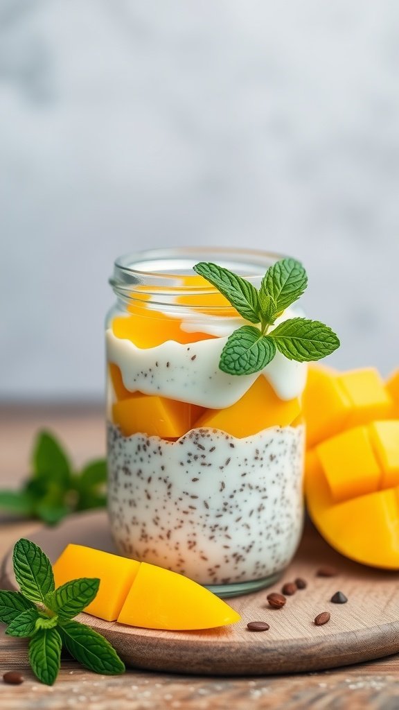 Chia Seed Pudding layered with mango and coconut toppings.
