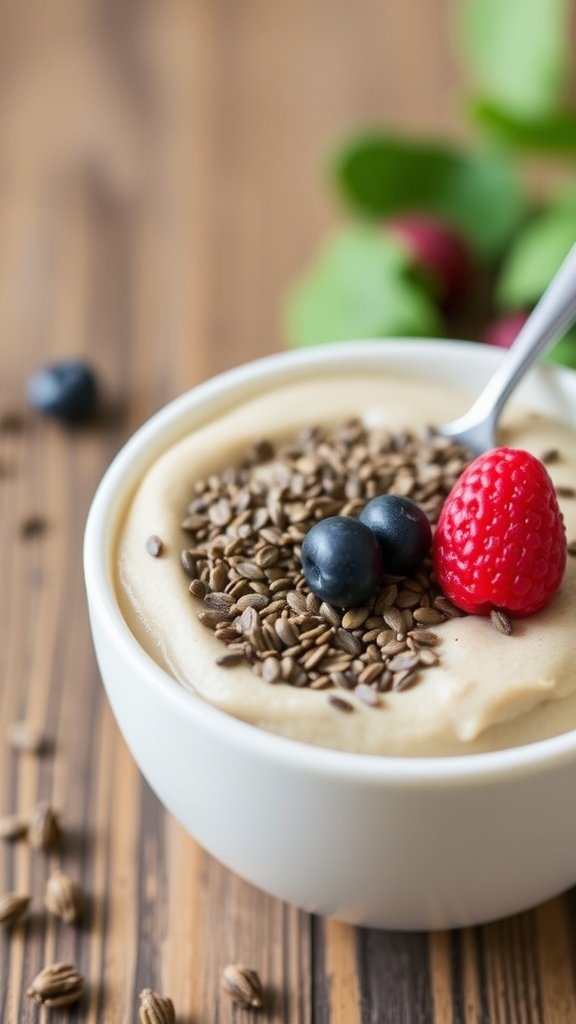 A bowl filled with chia seeds, some scattered around it.
