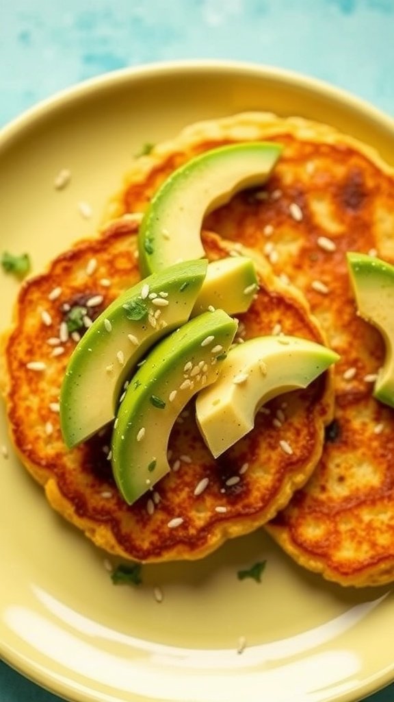 Chickpea flour pancakes topped with avocado slices on a yellow plate