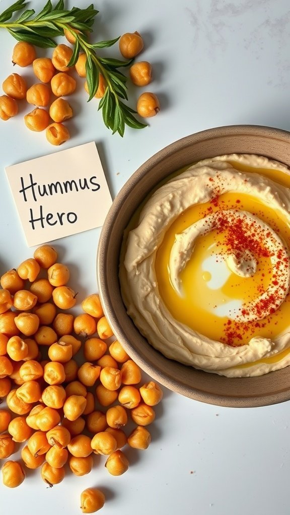 A pile of raw chickpeas next to a bowl of creamy hummus.
