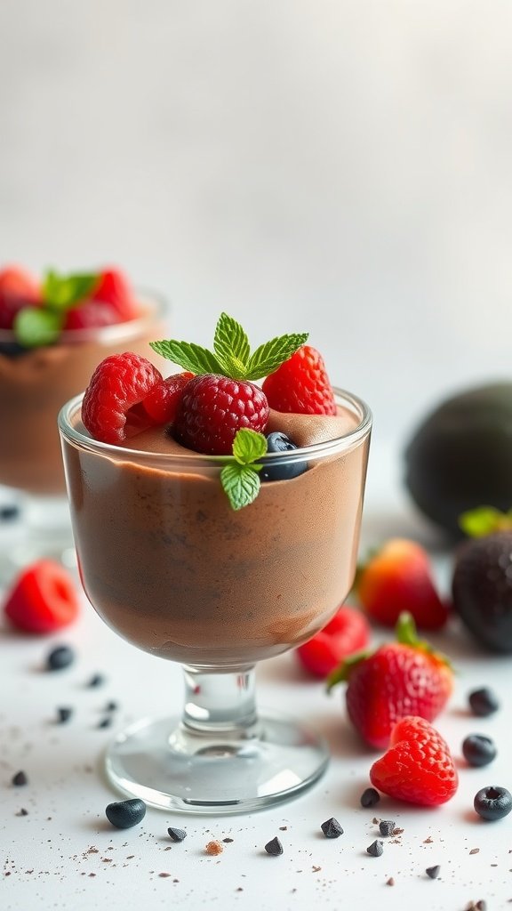 A delicious-looking chocolate avocado mousse topped with fresh raspberries and mint leaves.