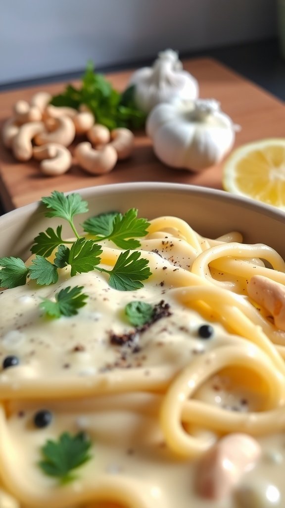 A delicious bowl of creamy cashew alfredo pasta.