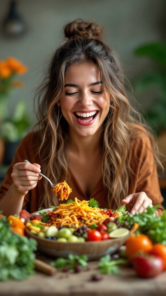 A smiling woman holding a colorful vegetable dish with bowls of salad around her.