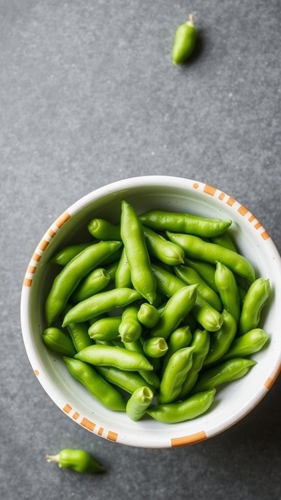 A close-up of edamame beans, showcasing their vibrant green color.