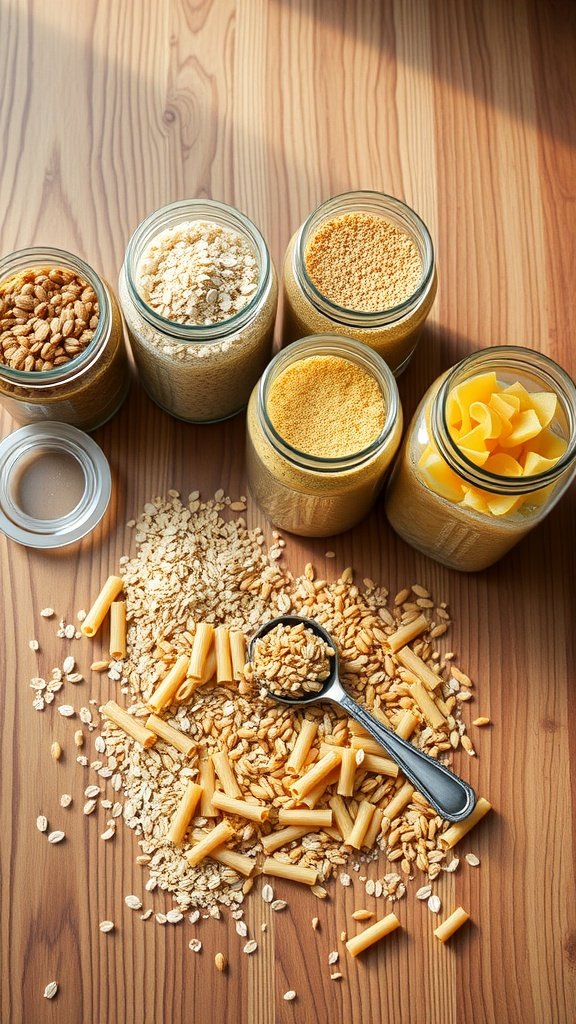 A well-organized pantry showcasing grains, legumes, vegetables, and eco-friendly storage.