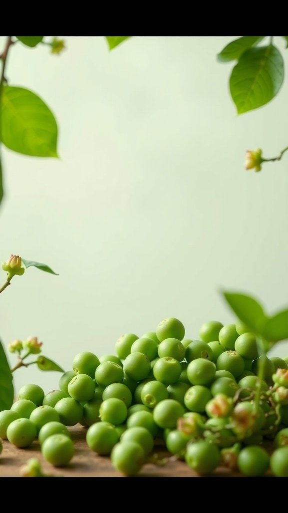 A pile of fresh green peas with leaves and blossoms, representing plant-based protein sources.