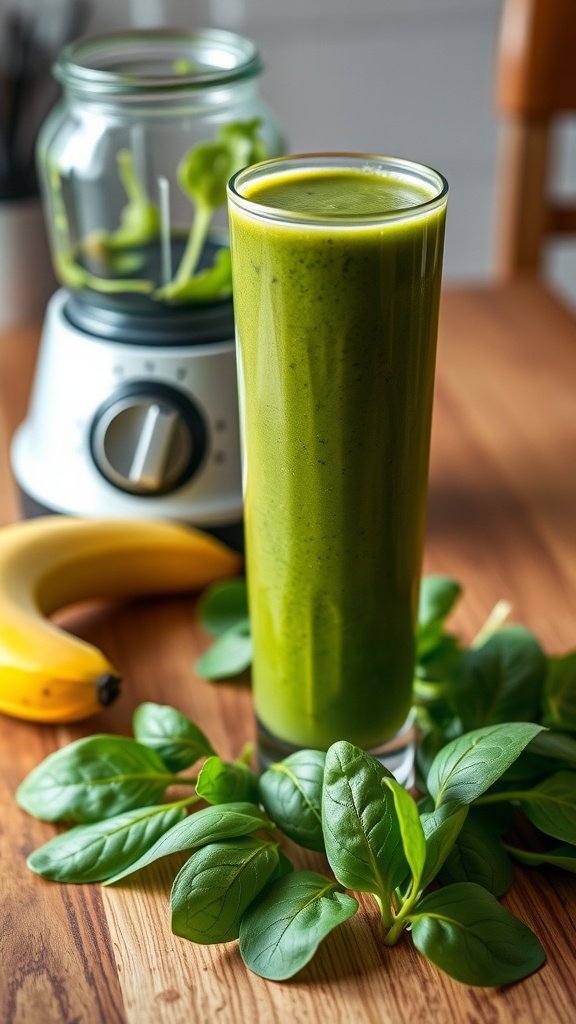Fresh spinach leaves and a banana on a wooden table