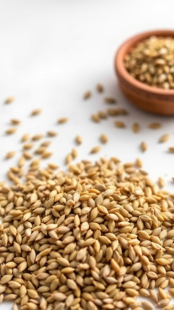 A pile of hemp seeds scattered on a white surface with a bowl of hemp seeds in the background.