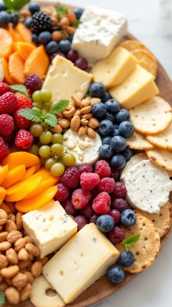 A colorful cheese and fruit platter featuring various vegan cheeses and fresh fruits.