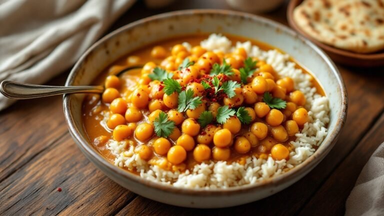 A warm bowl of creamy chickpea curry with rice, topped with fresh cilantro and red pepper flakes, served with naan on a rustic wooden table.